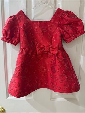 Like New 2T Lilly Pulitzer Red Jacquard Floral Puff-Sleeve Dress
